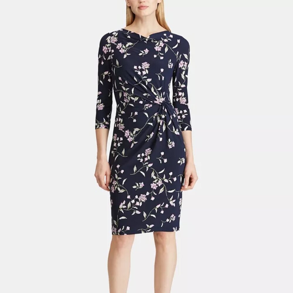 Ralph Lauren Blue Floral-Print Cowlneck Rouched Jersey Dress Size 14